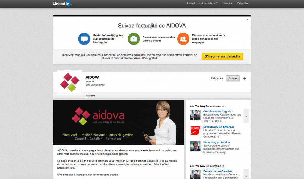Bannière d'accueil d'Aidova sur sa page professionnelle LinkedIn